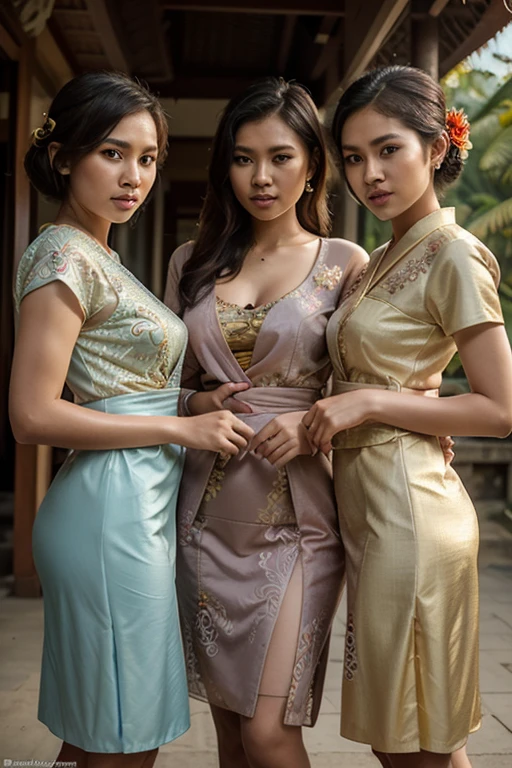 A group of 5 vietnamese women ware transparent ao dai culture dress showing their big hips setting on chair on their back