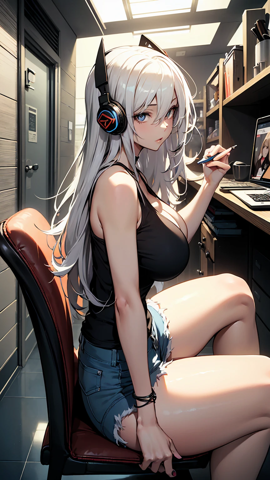 (masterpiece:1.2, best quality:1.1, highres,absurdres, high quality),(photorealistic:1.1),reflected light, colorful,ultra-detailed,8k, ultra hd, super detailed,
shenhe, silver long hair, hair ornament,bodysuit,light blue eyes,  hair ornament, large breasts,hair over one eye, monitor,laptop,keyboard \(computer\), sitting on office chair,office, vapingnation, smoke,necktie, office lady, formal suit, collared shirt, jacket,from side, skirt,pantyhose, 
 <lora:(v1)re-any4.5-shenhe:0.8>    <lora:VapingNation:0.7>