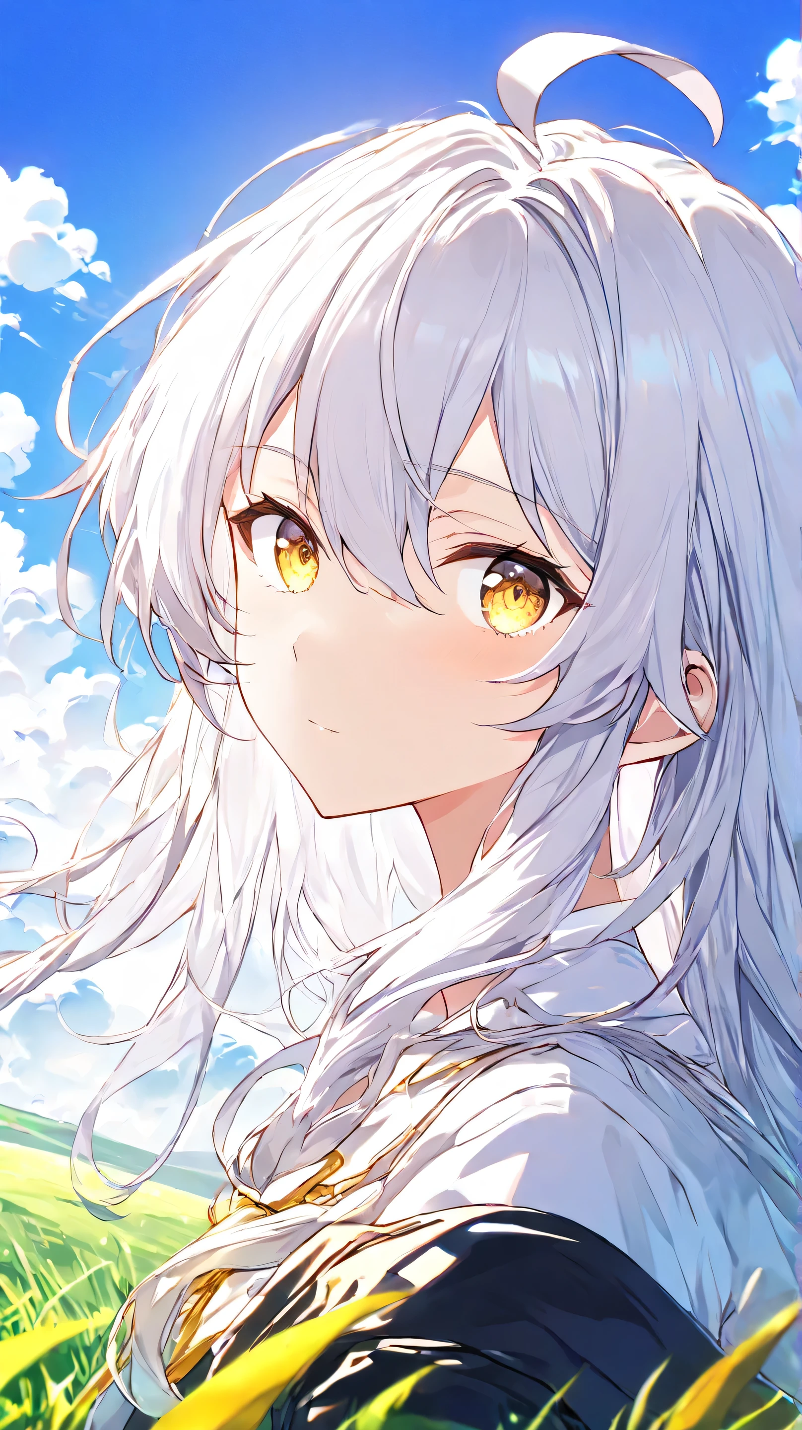 High Resolution, saturated color, very detailed, masterpiece, best quality, 1girl, elaina, Long Hair, silver hair, full bangs hair, silver hair, golden eyes, white shirt, short black skirt, Looking at viewer, at grass field, blue day sky, Columbus clouds, top body, focus at girl face
