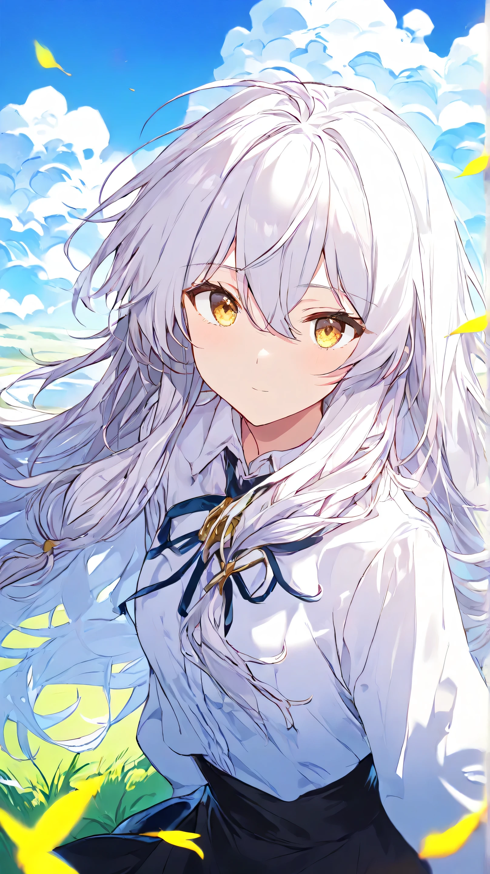 High Resolution, saturated color, very detailed, masterpiece, best quality, 1girl, elaina, Long Hair, silver hair, full bangs hair,  silver hair, golden eyes, white shirt, short black skirt, Looking at viewer, at grass field, blue day sky, Columbus clouds, top body, focus at girl face