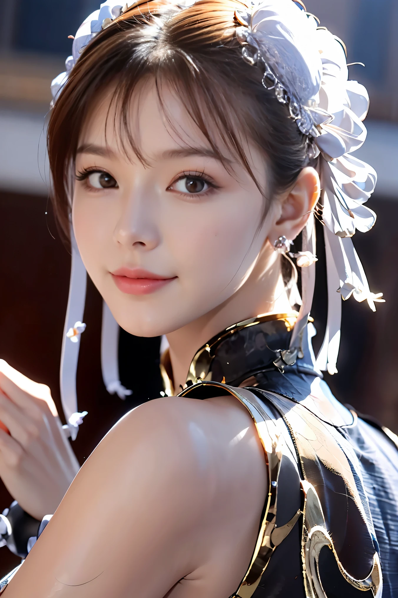 ((french beauty))),(((Solo photo))),(((1girl))),(cute pose),(silver Silk Cheongsam,focus on face, )),(blush with shame),((Beautiful face, hair accessories,earrings)),(extremely detailed CG unity 8k wallpaper), (masterpiece),((solo)), (best quality), (ultra-detailed), (best illustration), (best shadow), (photorealistic:1.1),(PureErosFace_V1:0.5),real human skin, lens flare, shade, backlighting,(natural lighting),film grain,((1 girl)),ultra-high res,(detailed eyes:1.4),(brown eyes,charming smile) ,cute,(solo focus),(brown hair),(full body selfie),(medium shot), blurred background,((solo)),(glossy skin),wearing diamond necklace,(looking at viewer),(look to the front),(night),(((show cleavage))),(American Indian palace),(forbidden city),(maya castle town),(happy512:0.6),(beautiful_mistake-8500:0.4),(at night),(in the evening),