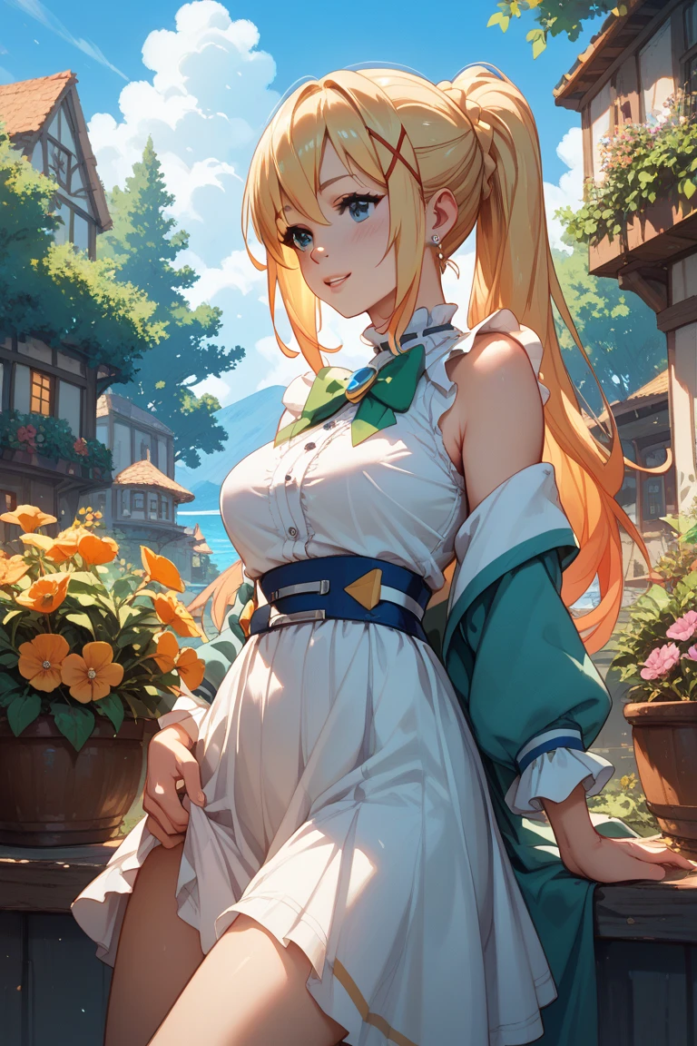 (a girl wearing a scarf, long blonde hair, tranquil gardenscapes style:1.1, colorful animation stills, masami teraoka, aquamarine, paul gauguin, Embry style, honest portrayal:1.1, best quality,4k,8k,highres,masterpiece:1.2),ultra-detailed, realistic:1.37, HDR, UHD, studio lighting, ultra-fine painting, sharp focus, physically-based rendering, extreme detail description, professional, vivid colors, bokeh, portraits, landscape, anime, photography, concept artists, aquamarine, soft and warm lighting.