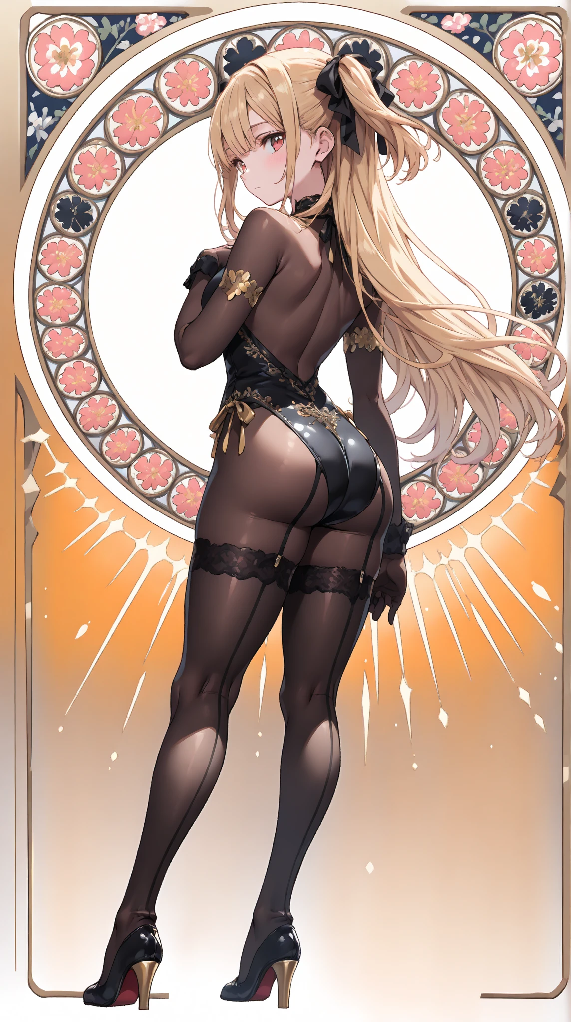8K, Top Quality, Intricate Details, Ultra Detail, Ultra High Resolution, Masterpiece, full body, Very tall, dark skinned female elf; slender, blonde hairs and incredible long ponytail; strong goth makeup; brown eyes; small pointy breast; sensual midriff; wearing superhighplatform sandals, jewelery, necklace, earrings, black bikini top, short leather jacket, thongs with a lot of strings, leather skirt, long fingernails; gloves, rings, best quality, expressive eyes, perfect face, masterpiece, slim body, very long legs, detailed stomach, detailed hips, detailed legs, carefully drawn toes, carefully drawn feet, carefully drawn hands, best quality, drawn with careful, Dynamic Angle, Highly detailed, seductive eyes, NTR