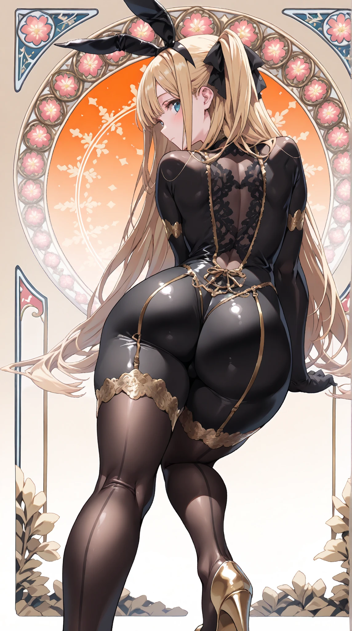sensual, long blonde hair, thick thighs, 8K, 4K, highest quality, High resolution:1.2), cute anime face, noise reduction, shining blue eyes, gentle smile, Gentle eyes、wearing a headband, toned abdominal muscles, muscular arms, muscular legs, (((exposed nipples))). , young face, anime chic eyes, Lock,,O-ring ,thigh strap,thigh boots, Harness、全身Harness、garter belt、(((Rear view、emphasize the buttocks、T-back that digs into your butt)))、(((big breasts、Breasts that are about to burst)))
