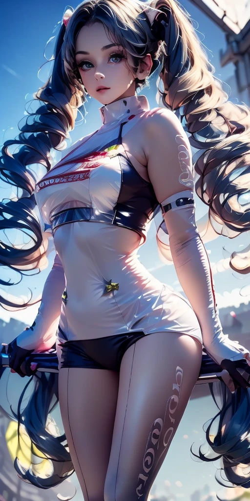 最high quality, high quality, 8K、High resolution,Highest quality、solo、Black Hair, ponytail, Open Mouth Smile, Secret spy,A heroine of justice wearing pink mecha cyber armor