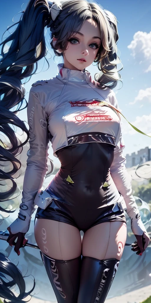 Serious teenage girl, Messy black hair, White eyes, Scar on one eye, Sunburned skin, Stylish black and white outfit, Attractive body, Dark and cold look, Detailed portrait, 8k, photograph (Highest quality) . ,4K,8k,High resolution,masterpiece:1.2),Very detailed,(Realistic,photoRealistic,photoRealistic:1.37),Vibrant colors,Sharp focus,Physically Based Rendering,Very detailedな,Professional tongue out, whole body,Thin legs,Beautiful feet,blush, smile, Tight fitting clothes that emphasize the bust,Small breasts,