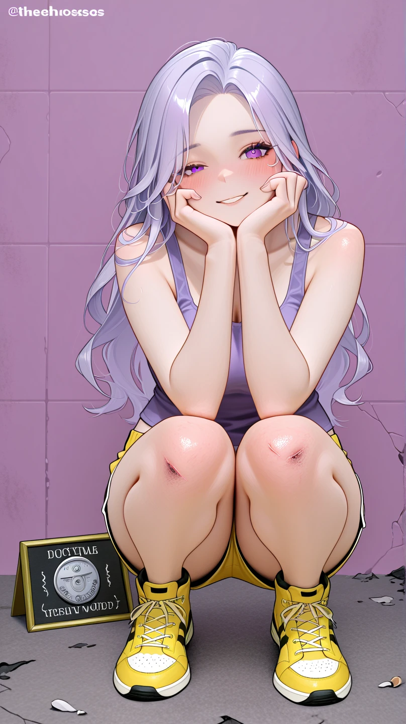 A Naked girl squatting while licking the feet of another naked girl with purple hair