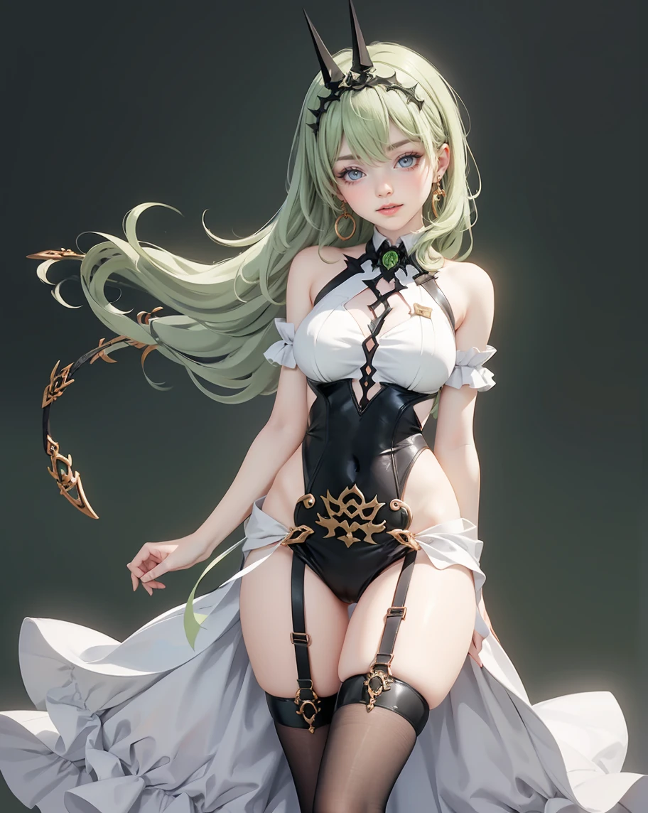 highly detailed face,<lora:consolechan_xbox:0.8> xbox-chan,ponytail,green hair ribbon,simple background,<lora:edgGothGB:1> [(GothGal|Garterbelt)::0.5],woman wearing a garterbelt,metal,iron chains,leather harness,ribbons,frills,visible panty,visible bra,large breasts,highly detailed hands that are absolute accurate,