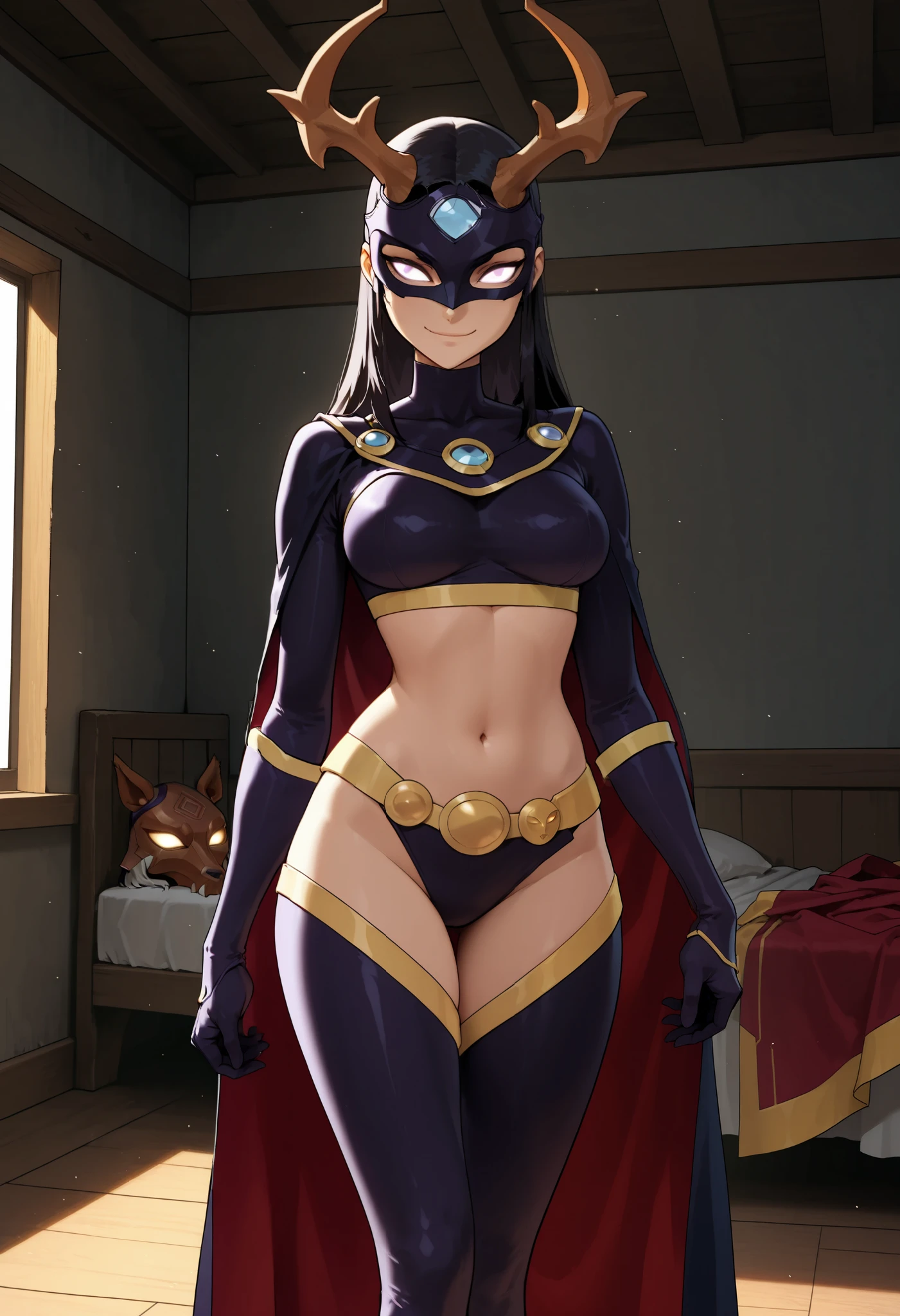 Huntress_JLU, cape, long cape, black hair, long hair, mask, leotard, navel, gloves, solo, smile, bodysuit, room, standing, Masterpiece, Best Quality, Breasts,