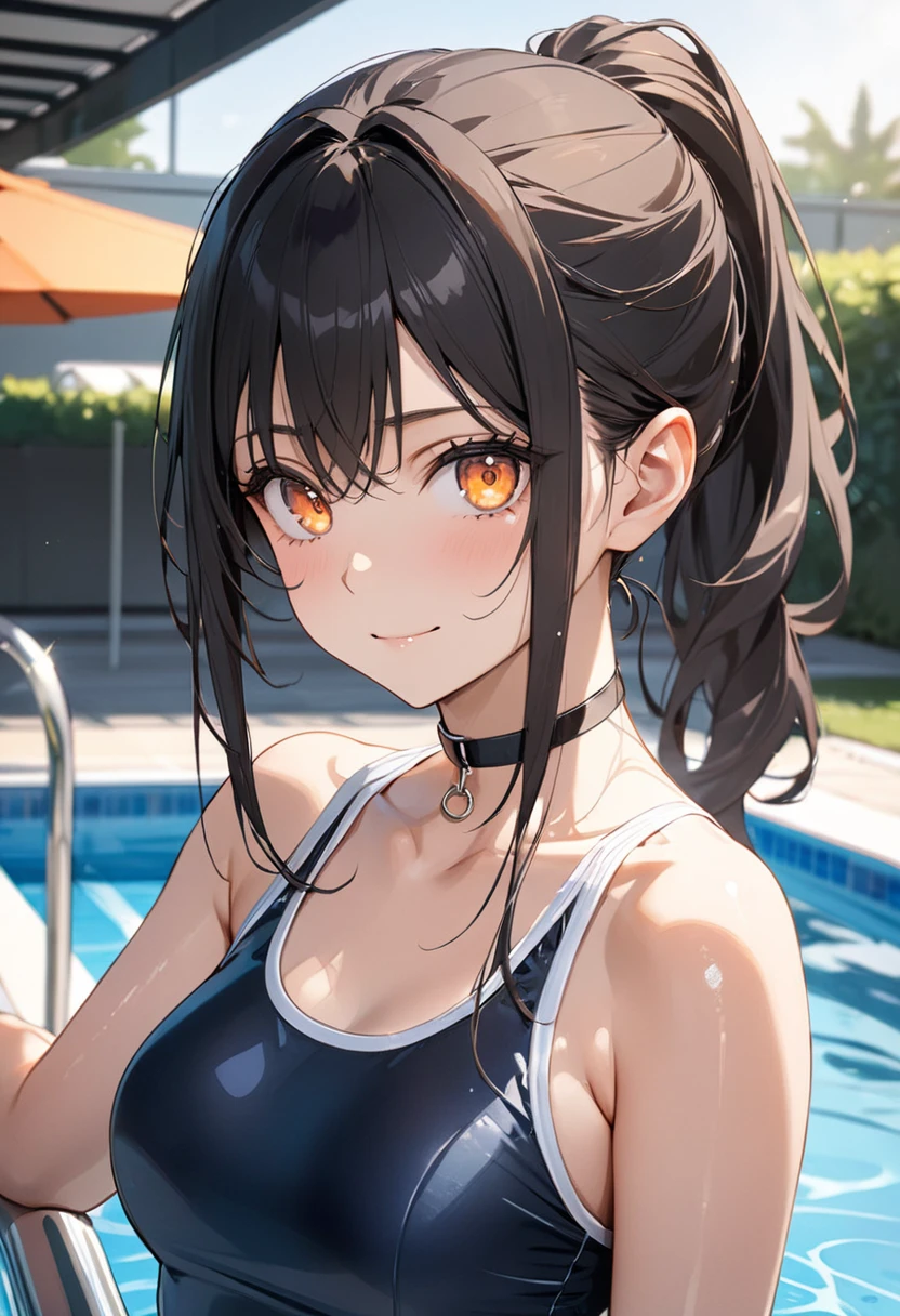 Masterpiece, high quality, 1girl, ((tokisaki kurumi)), monochrome, black hair, sport bra, ((right red eye:1, left yellow eye)), smile, perfect body, kawaii, swimming, beautiful body, kawaii face, looking at viewer, big boobs, mountain