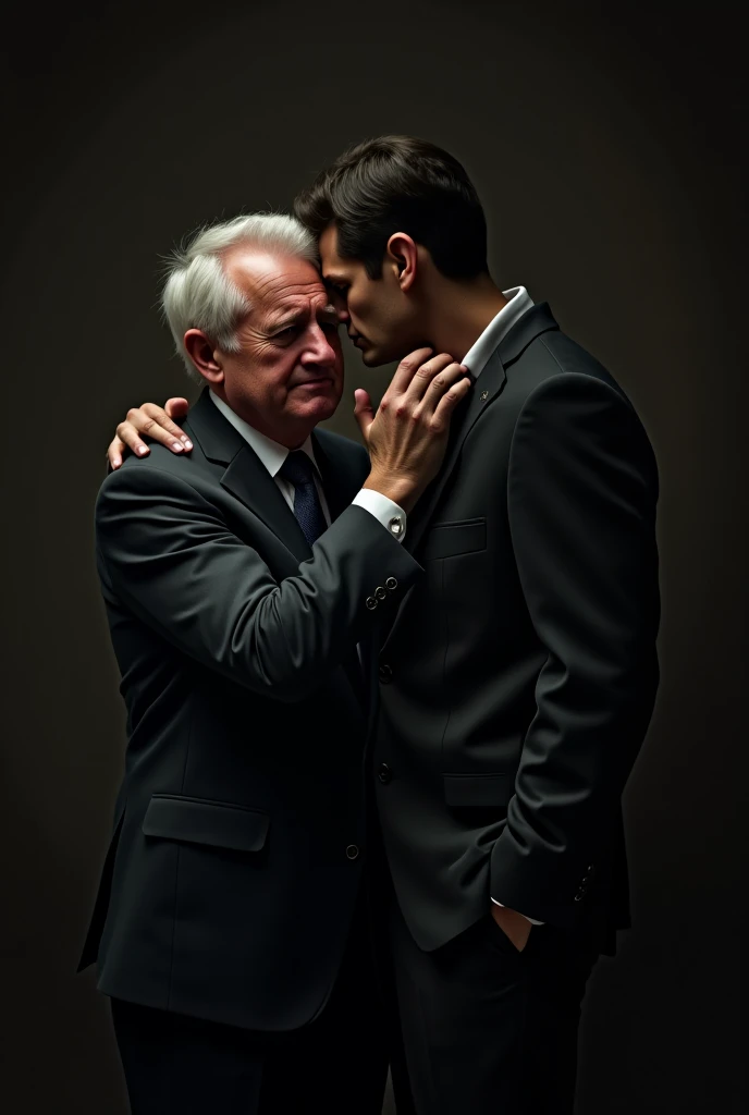 Damaso hugs Martin Rivas as if he were his father. NO KISSES. They are father and son Martin has his face on Mr. Dámaso's shoulder Dámaso: very rich and kind old man. Wear an expensive suit Martin Rivas: young man in humbler clothes but well dressed