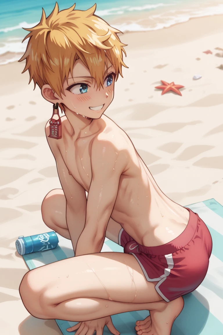 Kingdom hearts、((sky))、One young boy、cute、Blue Eyes、Spiky hair、Swimwear、Brown Hair、Gazing at the sea、Active、Tropical、beach、Groin bulge、Pinned nipples、(sitting and eating a square of blue ice cream)high resolution