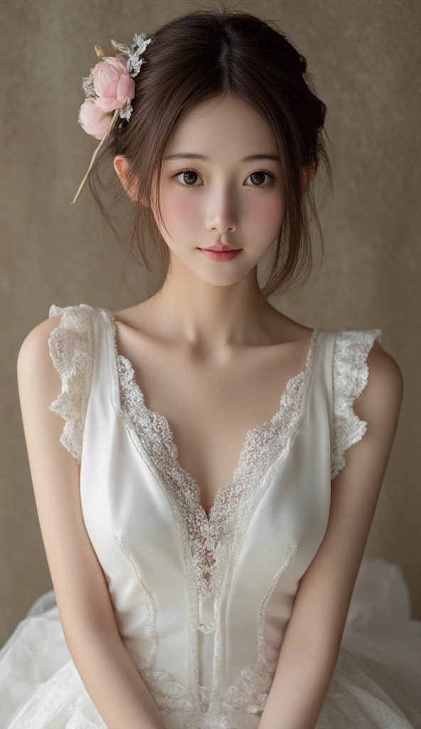 masterpiece、1 Beautiful Girl、A detailed face、A detailed eye、Detailed skin、top-quality、japanes、Illuminated from the front with bright lighting、profetional lighting、The background is a little blurry、short-hair、Background on an old hotel bed in Paris、Lying on the bed、The costume is a white camisole、hair is wet and disheveled,、