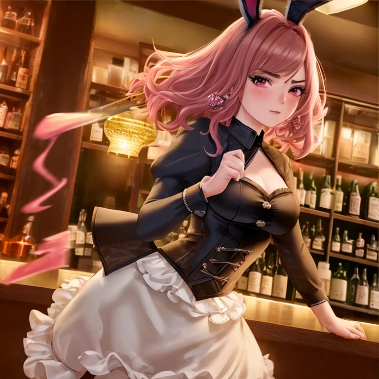 rabbit bar cosplay, background is bar theme, night lights, crazy cool, a lot of details, a lot of ppl drinking and dancing in the background, night theme, colourful details