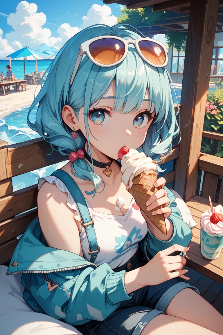 <lora:epinel-000012:0.8>,epinel \(nikke\),white hoodie, open jacket, drawstring, black skirt, beach, EatingPopIce, <lora:Action - EatingPopIce:0.8>, ice cream,