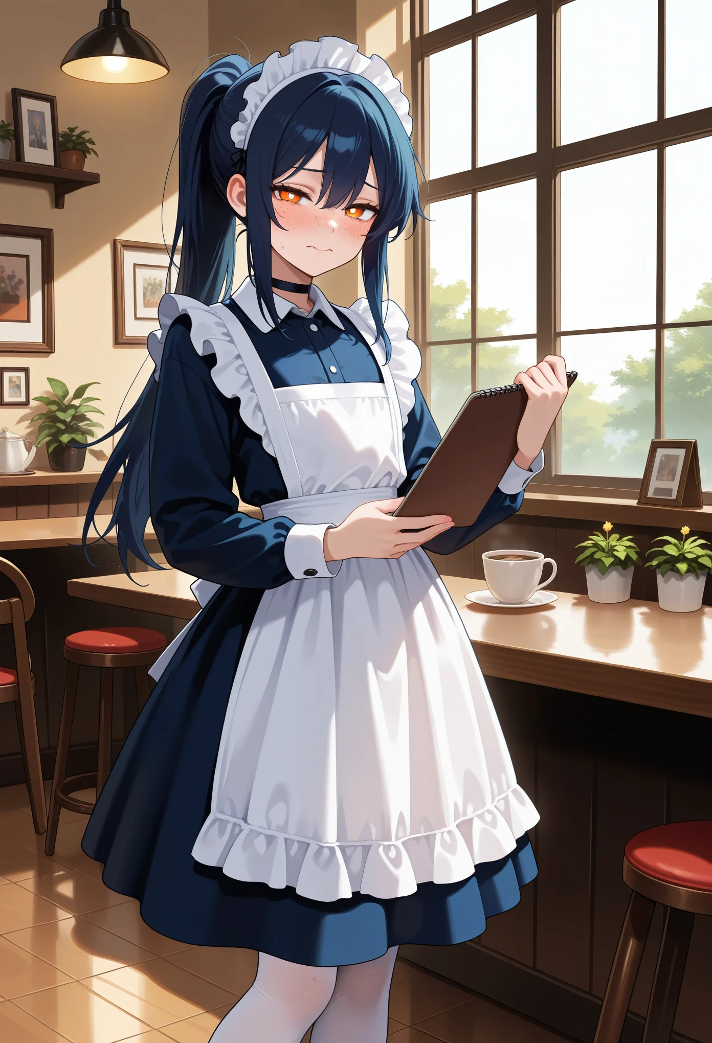 masterpiece, best quality, amazing quality, (colorful), safe, 1boy, otoko no ko, aged up, half-closed eyes, flustered, blush, wavy mouth, looking at viewer, holding notepad, long hair, dark blue hair, ponytail, orange eyes, white pupils, freckles, choker, dark blue dress, (maid dress), maid headress, (white pantyhose, indoors), café, absurdres