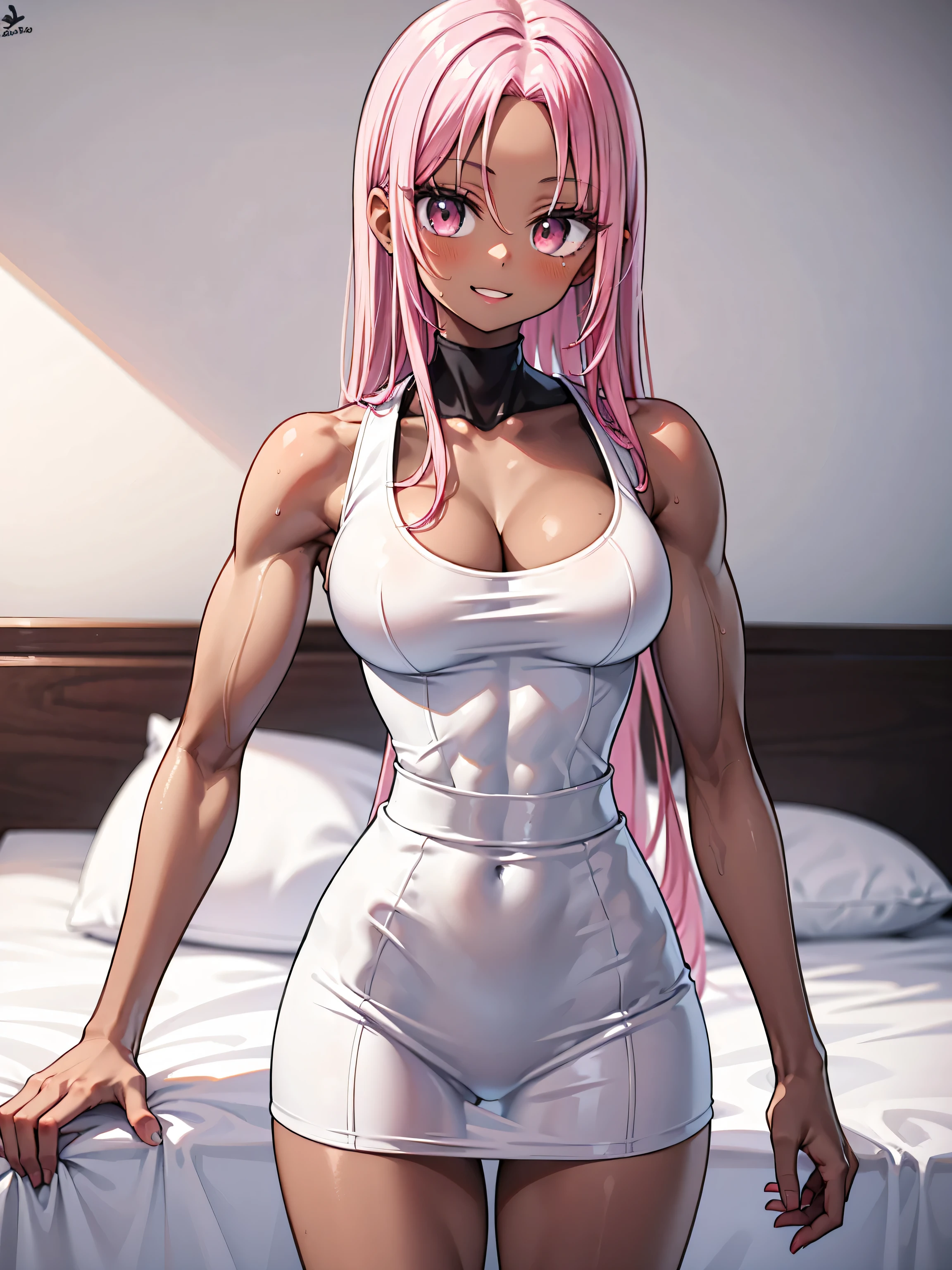 Boy, male, adult, seductive face makeup, seductive look, long pink hair, perfect body, fit body, abdomen, tight top with long sleeve, muscular, small breasts, social pants, bulge, trap, sissy,