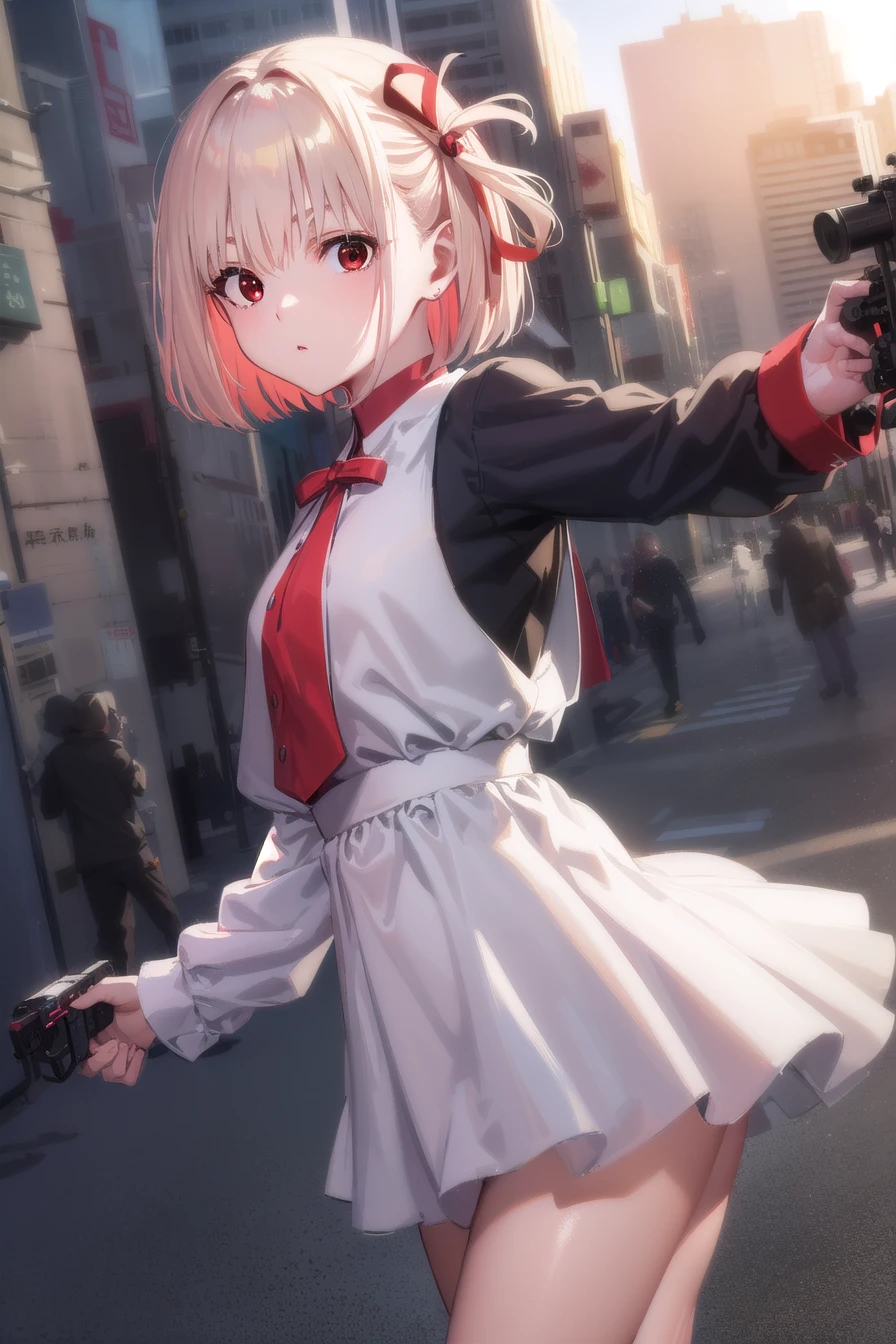 (masterpiece:1.1), (best quality:1.0), (ultra highres:1.0) ,(8k resolution:1.2),(realistic:1.0),(ultra detailed1:0), (sharp focus1:0), (RAW photo:1.1), (lighting:1:1), Tokyo street, (night:1:1), Shibuya_\(Japan\), 

Chisato_Nishikigi_\(Lycoris_Recoil\), 1girl, aiming, aiming_at_viewer, backpack, bag, belt, blonde_hair, finger_on_trigger, handgun, holding_handgun, holster, looking_at_viewer, pistol, randoseru, red_eyes, red_jacket, revolver, shirt, short_hair, Sex smile, school uniform,

 <lora:Lycoris_Recoil_v1.0:0.2:MIDD>
