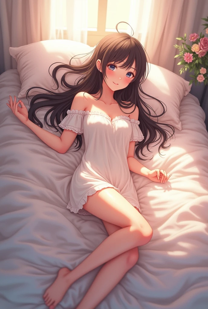 Here’s a detailed image prompt for your request:

"Create an image of a girl lying on a bed, wearing a delicate nightdress. She has long, flowing hair spread out around her. The scene should convey a sense of relaxation and comfort. Soft lighting should enhance the cozy atmosphere, with the bed adorned with pillows and perhaps a gentle, serene background to complete the mood."