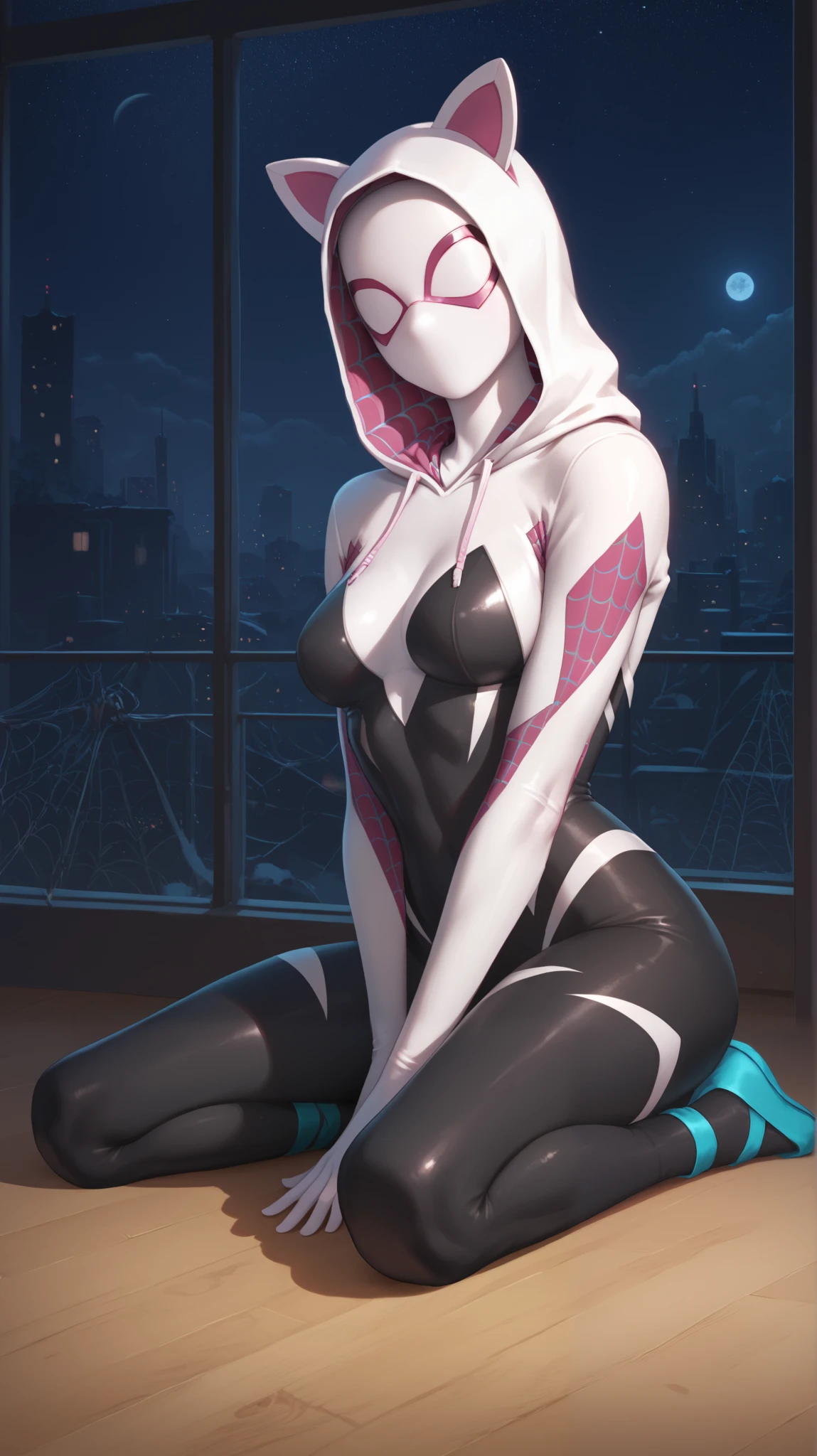 chica (Masterpiece),night, Head covered with a Gwen spider mask, covered face, Hoodie with cat ears, Spider Gwen tight suit, white light, full body buttons,sitting on the floor