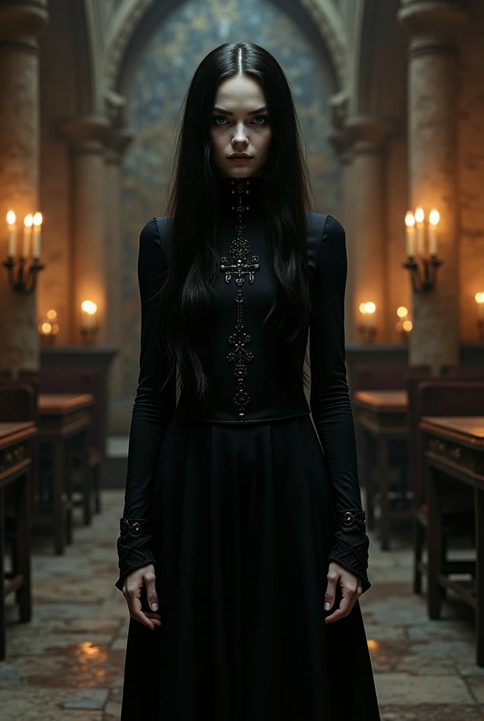 (PA7_Portrait-MS:0.5), portrait of a short russian woman, (round hips:0.4), white wavy hair, black locks, tf_silver_, wearing avant-garde haute-couture,  in a dark room