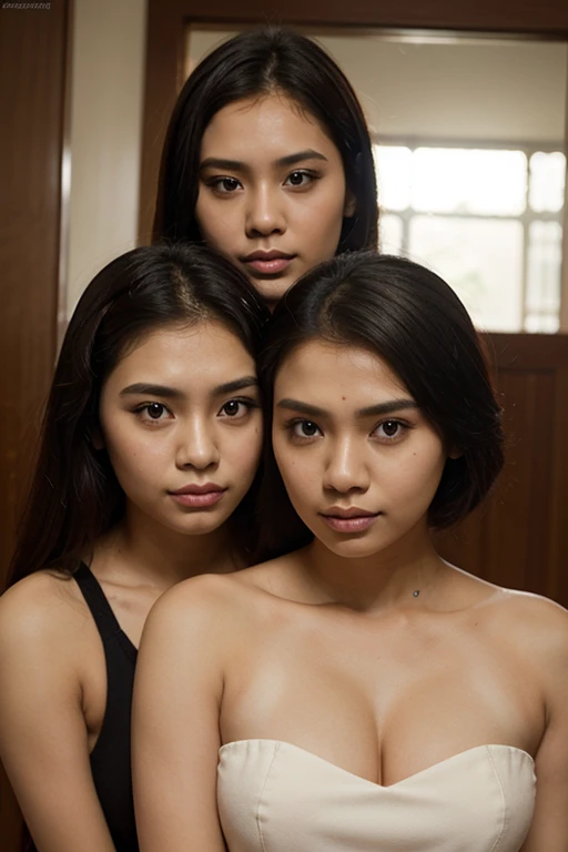 A handsome Indonesian young man is taking a photo together with two naked woman, best quality, realistic, photorealistic, (intricate detail: 1.2), (fine detail), (light cinematic), clear lines , sharp focus, realistic face, detailed face, unity 8k wallpaper, very high resolution, (photorealistic: 1.4), He is looking at the viewer