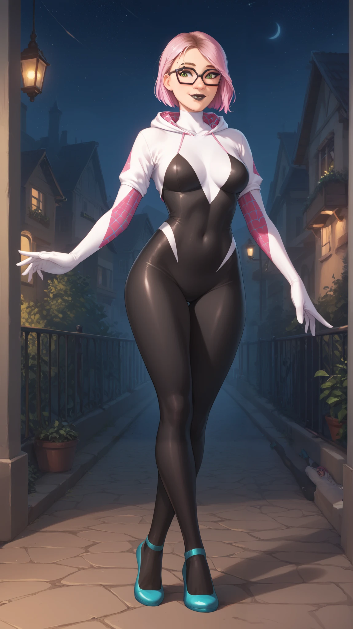 standing straight symmetrical, full body female drow elf slave wearing an adventurer outfit, black blindfolded, (very purple skin), lens flare, overexposure, bokeh, Masterpiece