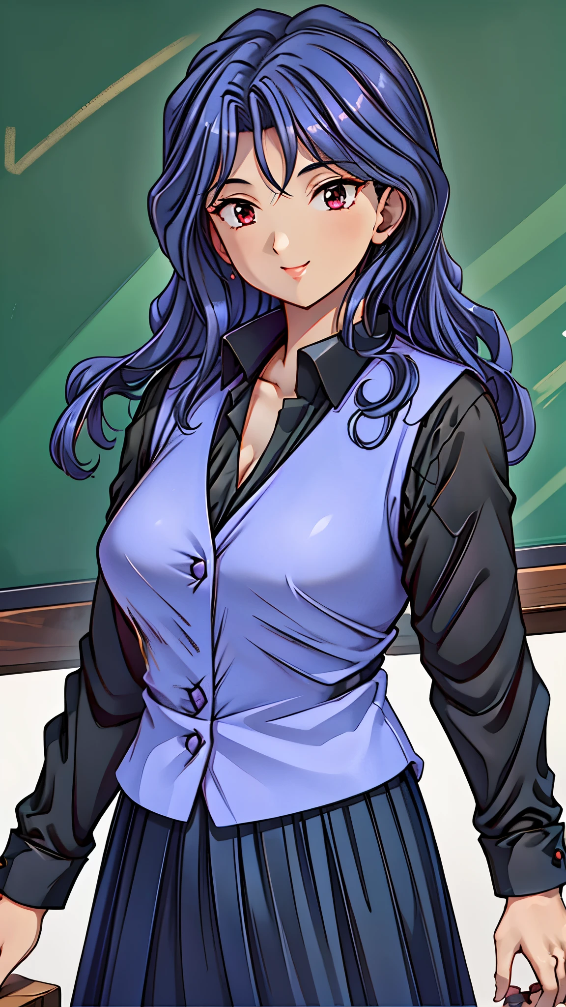 （super quality,super high resolution,16k,Super Masterpiece,Ultra HD ,detailed shading and background,）Sexy Female Teacher ,long black hair, long sleeve black shirt,Purple vest,The Valley of the Chest,black skirt,cover,smile,in front of the blackboard,