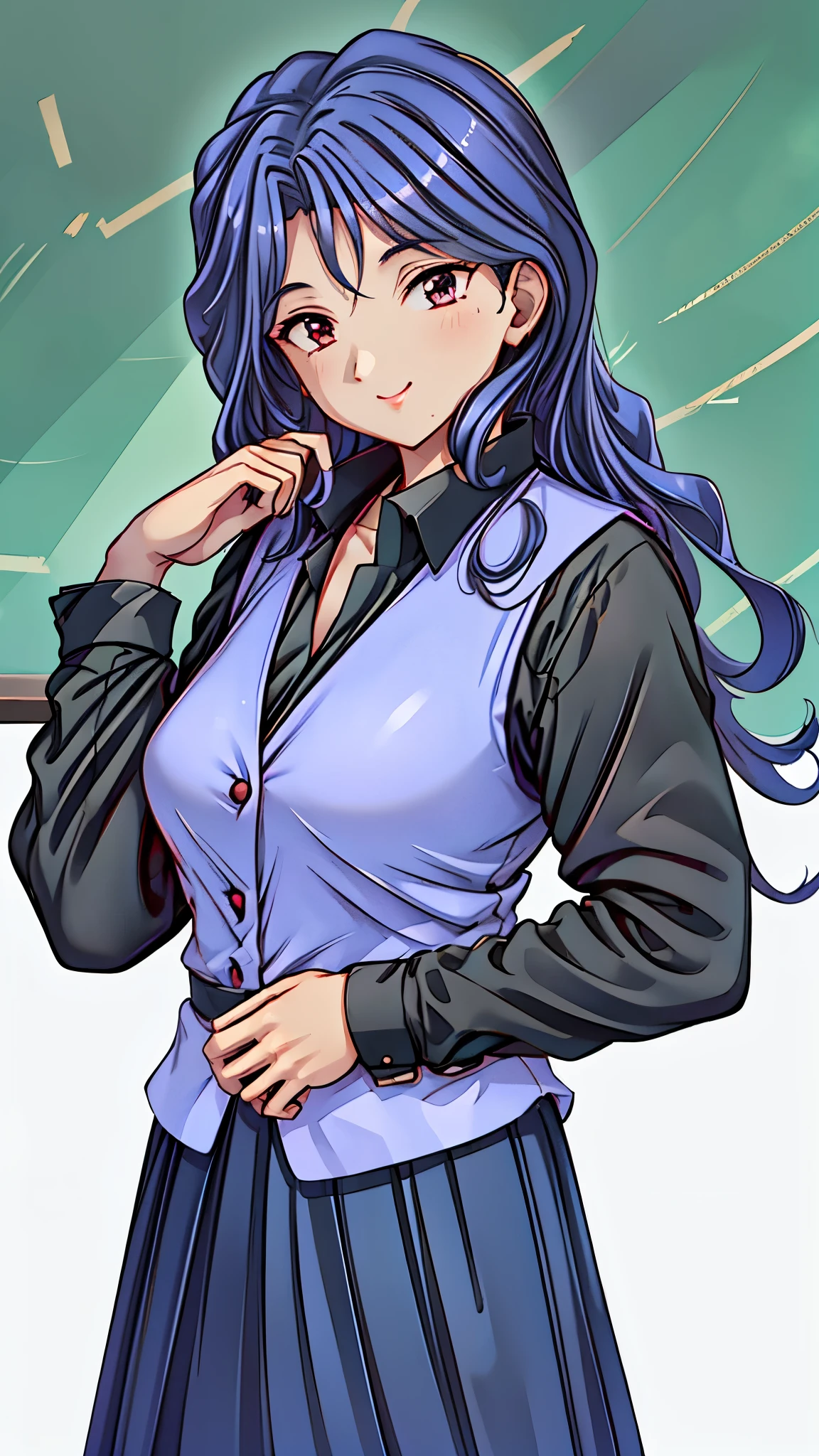 （super quality,super high resolution,16k,Super Masterpiece,Ultra HD ,detailed shading and background,）Sexy Female Teacher ,long black hair, long sleeve black shirt,Purple vest,The Valley of the Chest,black skirt,cover,smile,in front of the blackboard,