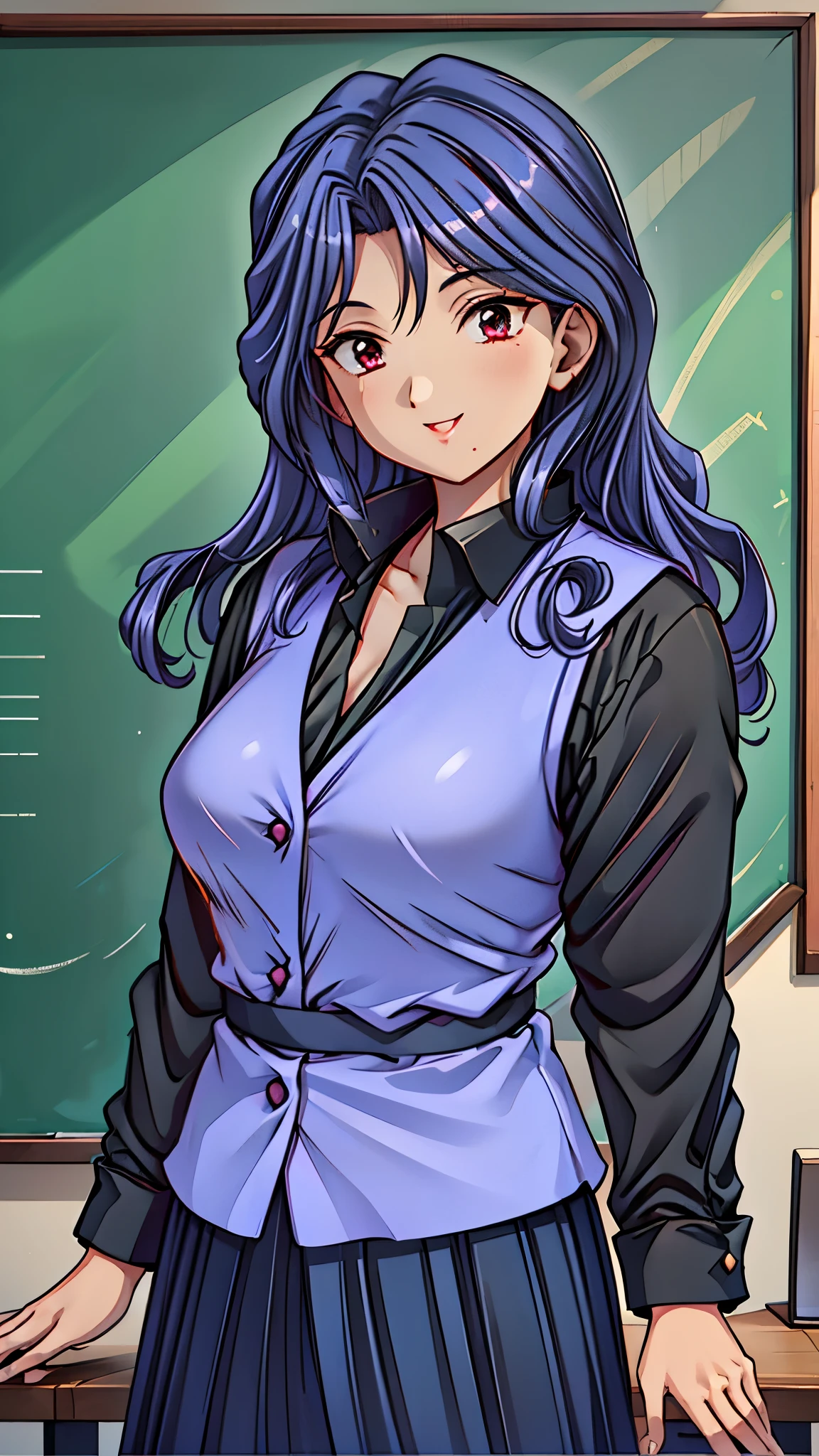 (super quality,super high resolution,16k,Super Masterpiece,Ultra HD ,detailed shading and background,)Sexy Female Teacher ,long black hair, long sleeve black shirt,Purple vest,The Valley of the Chest,black skirt,cover,smile,in front of the blackboard,