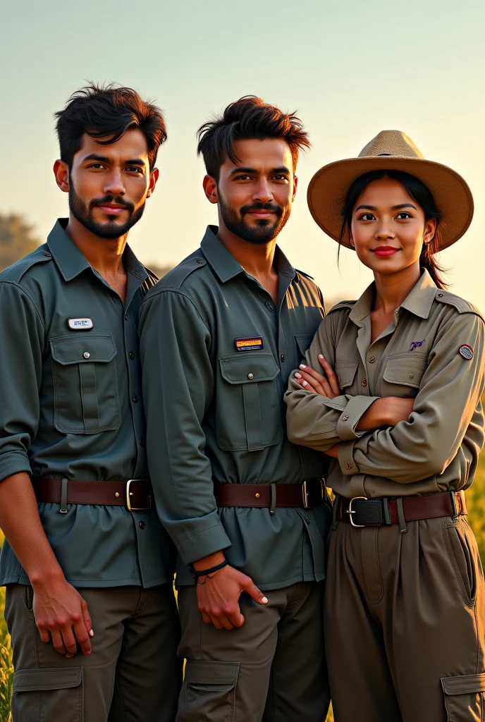 Selfie, Many rangers laughing looking at the camera, (Forest rangers wear brown forest uniforms, con sombreros de guarda bosques), Wide-angle selfie - stylish photography, con detalles extremos, in a sunny day.