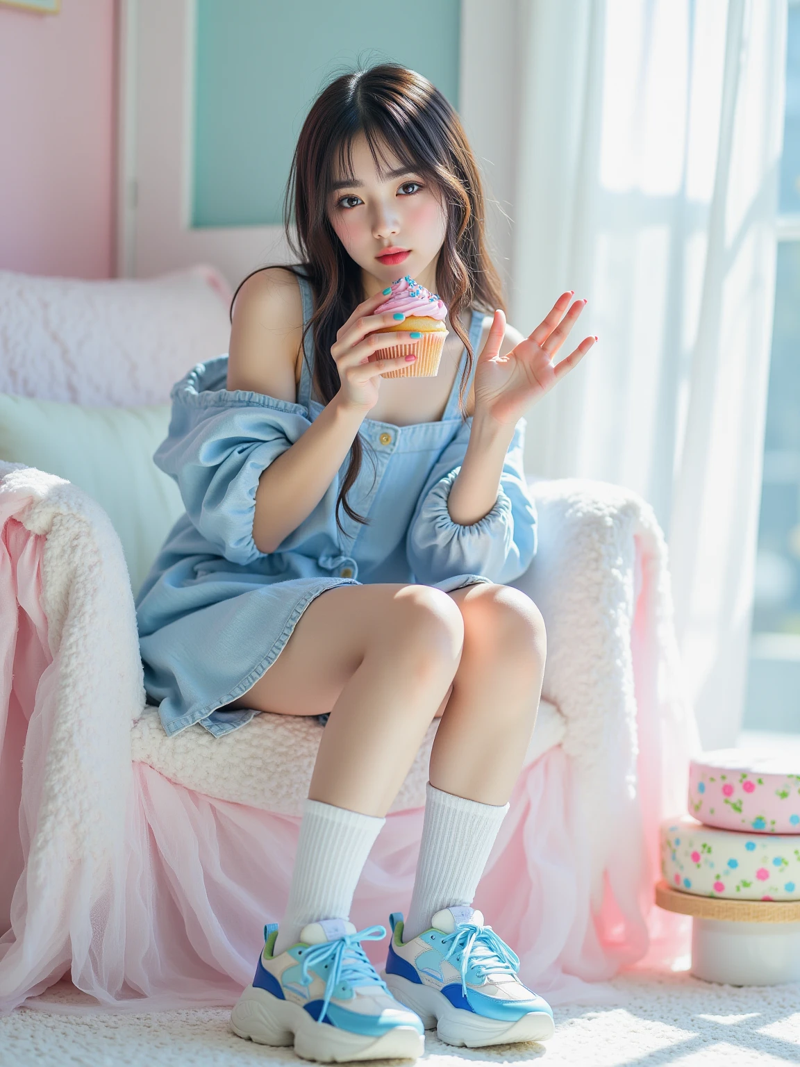 Cute Hong Kong girl sitting on sofa, girl abandoned dirty room, shabby old pink sofa, drying laundry in the room, clothes scattered, PC and monitor, evening, window, sunset light entering the room, junk food, cup noodles and drink bottles and cans are scattered, garbage overflows from the trash can. Cables and wiring are exposed from the walls, only appliances are futuristic, sparkling dust flutters in the room, HD, 8K, masterpiece, realistic texture.