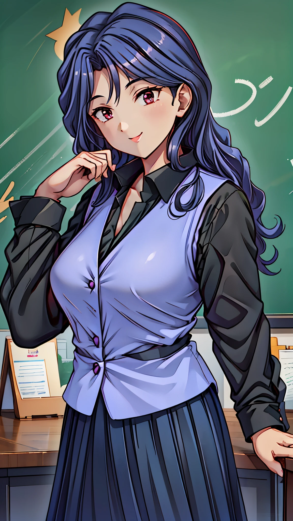 （super quality,super high resolution,16k,Super Masterpiece,Ultra HD ,detailed shading and background,）Sexy Female Teacher ,long black hair, long sleeve black shirt,Purple vest,The Valley of the Chest,black skirt,cover,smile,in front of the blackboard,