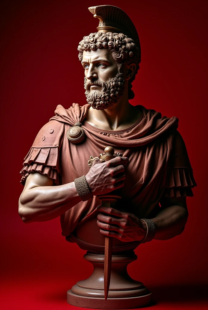 A hyper-realistic statue of a muscular Roman man holding a statue of a petrified rose, very old, ancient dust, and his facial expressions betray deep sadness and overthinking.  A background of Roman columns, petrified birds, petrified dry moss, the colors are muted and faded, to emphasize the seriousness of the scene