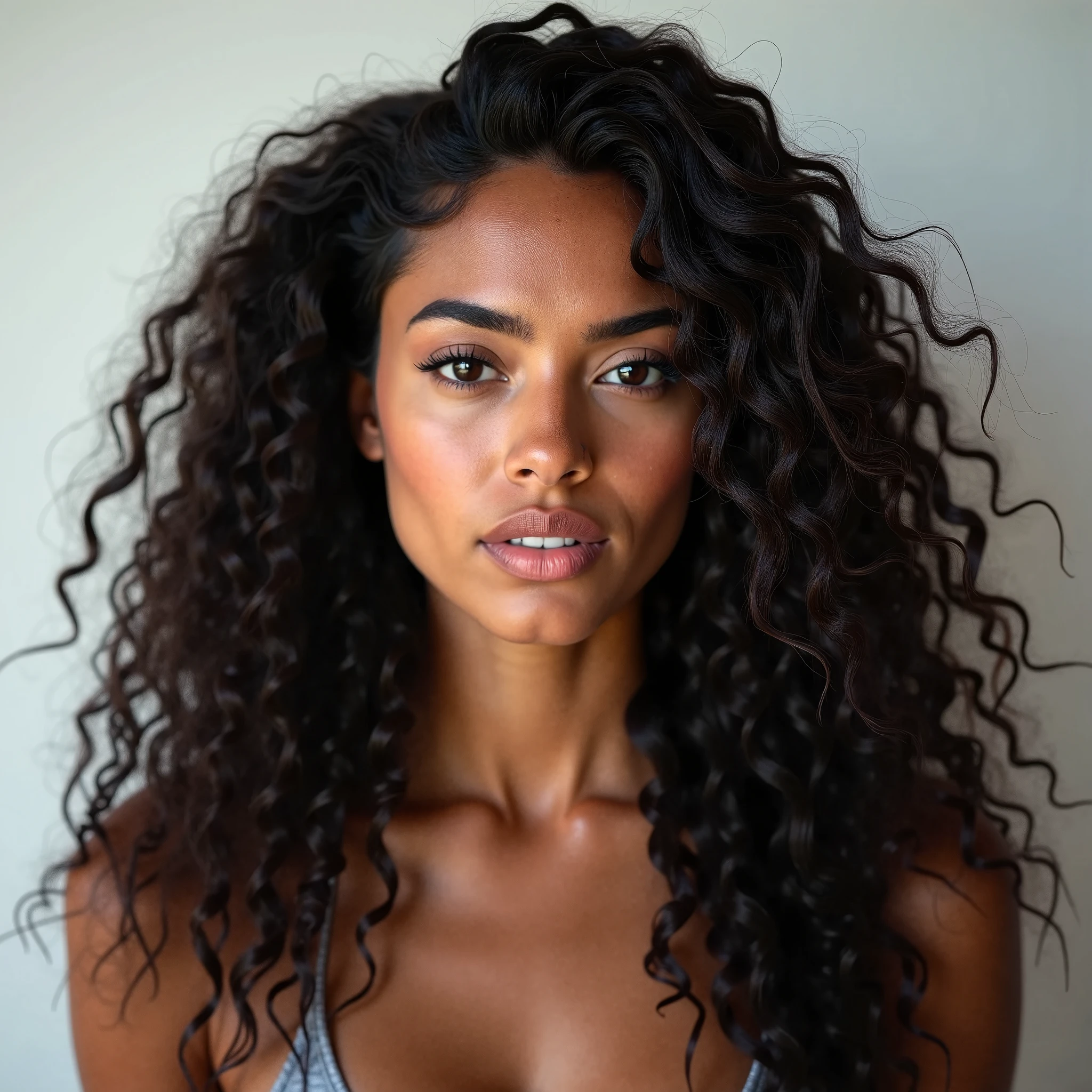 A caramel brown skin woman with long black curly hair and timeline in 1985.