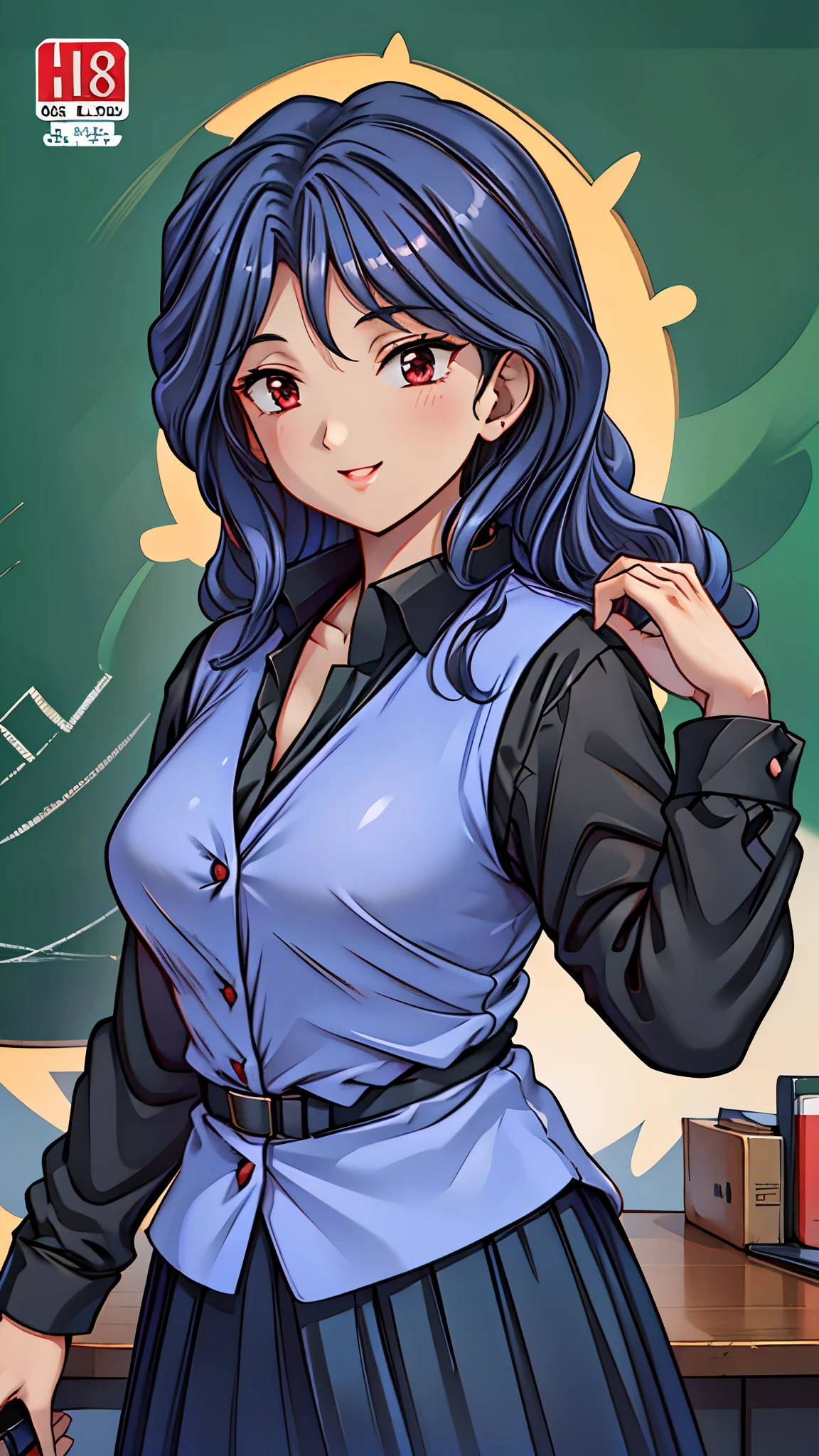 （super quality,super high resolution,16k,Super Masterpiece,Ultra HD ,detailed shading and background,）Sexy Female Teacher ,long black hair, long sleeve black shirt,The Valley of the Chest,cover,smile,in front of the blackboard,