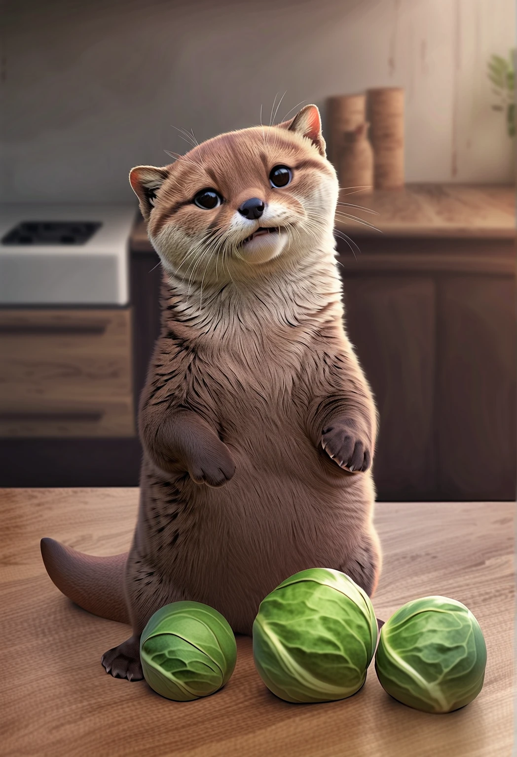 ((masterpiece, Top Quality, best quality, high resolution, Photorealistic, RAW photo, 8k)), ((highly detailed CG unified 8k wallpaper)), Otter, They're cute and dancing,An extremely fat ginger cat cooking scene, very cute and comical, Cutting a large cabbage.
