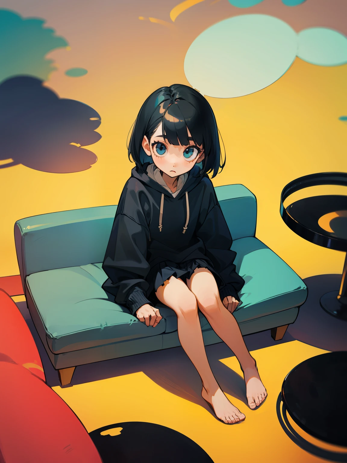 Woman with short black hair、baggy jacket and skirt、skinny thigh、I'm sitting barefoot on the sofa in my room、Inner Stock、The soles of the feet are visible