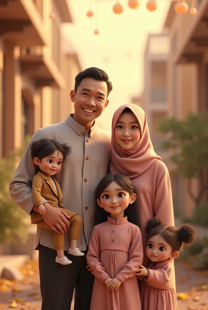 a cartoon picture of a family walking down a street with a child, 8 year old girl in the middle, an indonesian family portrait, potrait, happy family, indonesian family, inspired by Rudy Siswanto, full protrait, by Abidin Dino, inspired by I Ketut Soki, traditional art, caricature style, family portrait, fanart, cartoon artstyle, style of cartoon