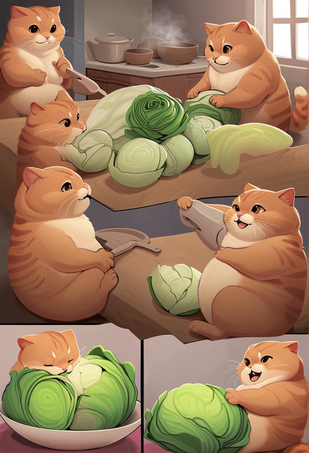An extremely fat ginger cat cooking scene, very cute and comical, Cutting a large cabbage.
