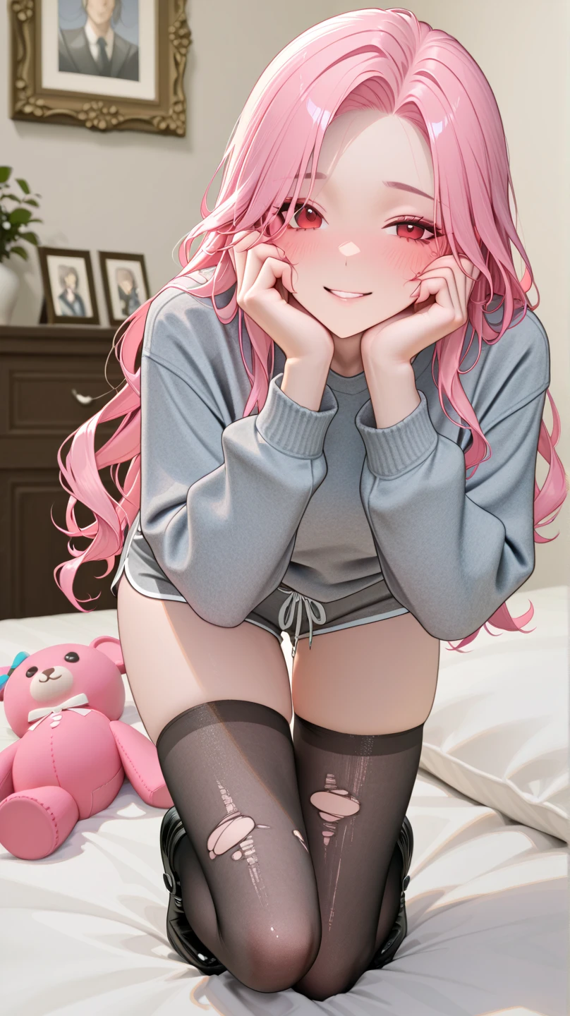 Clear painting style、beautiful girl、、Girly Hair、Pink Room、Girly Fashion、Pleated skirt、Knee socks、Highest quality, smile,Prostrating with legs spread、girly panties、Girly Bra、Sweaty crotch、Low Angle、Cowboy Shot、Put your hands on your bra
