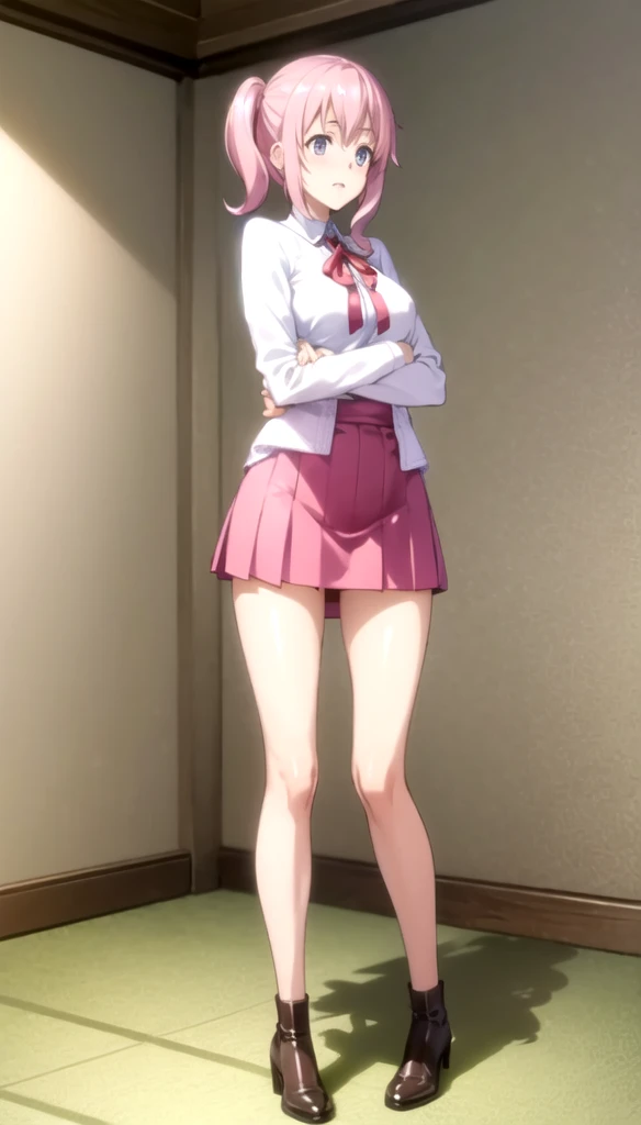 ((best quality)), ((masterpiece)), (detailed), perfect face, (((slender teenl))), (((dark blue pleated skirt))), ((blushing:1.4)), ((nervous: 1.4)), ((shy:1.5)), (((skinny thighs))), (((skinny waist))), ((standing on school auditorium stage)), ((arms behind head)), (((topless))), blonde hair, ponytail, (((wearing sneakers)))