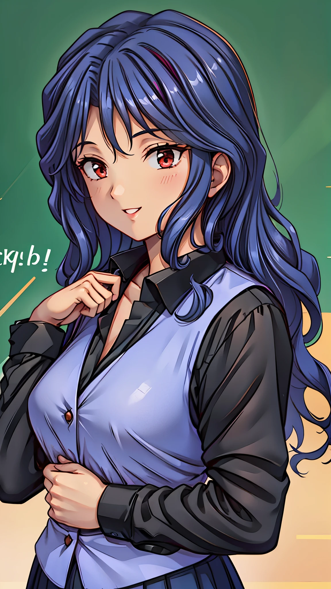 (super quality,super high resolution,16k,Super Masterpiece,Ultra HD ,detailed shading and background,)Sexy Female Teacher ,long black hair, long sleeve black shirt,The Valley of the Chest,cover,smile,in front of the blackboard,