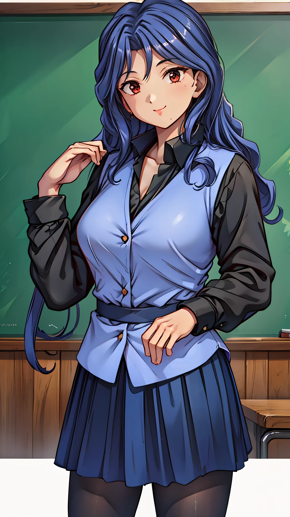 (super quality,super high resolution,16k,Super Masterpiece,Ultra HD ,detailed shading and background,)Sexy Female Teacher ,long black hair, long sleeve black shirt,The Valley of the Chest,cover,smile,in front of the blackboard,