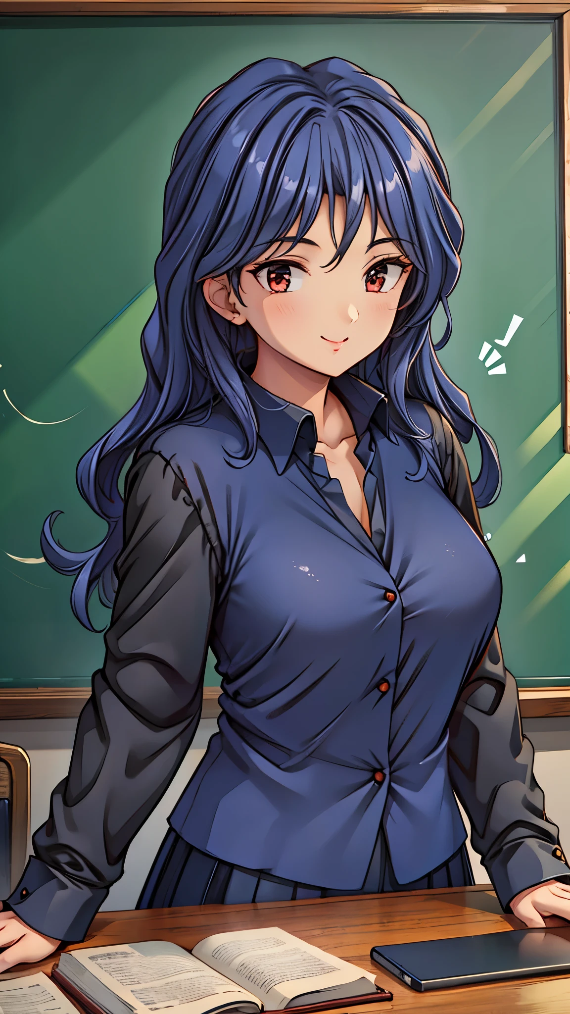 (super quality,super high resolution,16k,Super Masterpiece,Ultra HD ,detailed shading and background,)Sexy Female Teacher ,long black hair, long sleeve black shirt,The Valley of the Chest,cover,smile,in front of the blackboard,