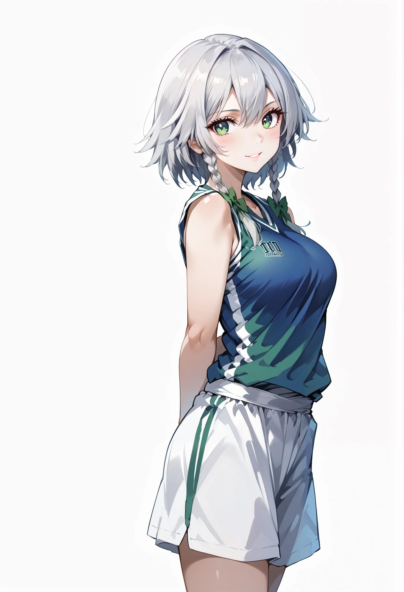 score_9, score_8_up, score_7_up, source_anime, 4K,perfect fingers,(perfect hands, perfect anatomy),prefect lighting, very aesthetic, intricate details,highly detailed background, masterpiece, high quality, best quality,
1girl,solo, izayoi_sakuya,silver hair, twin_braids ,Large Breast,
wearing ((basketball uniform, basketball jersery, sportswear, jersey, shorts, sleeveless, ((Jersey Number 21: 1.5)), )) ,,
smile, ((pale skin)), ((White plain background:1.5)) , looking at viewer, ((Arms Behind Back,:1.5)), ((No BasketBall::1.5)),