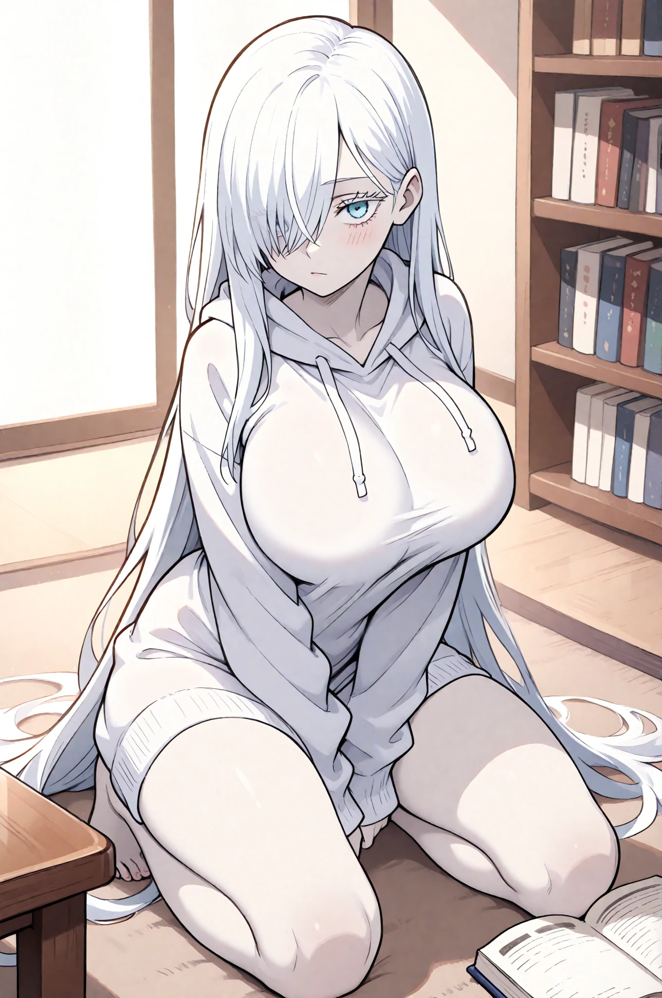 H.cup humongous elf sitting down with thick thighs with tight thigh highs on and a tight white see thru shirt on slim figure