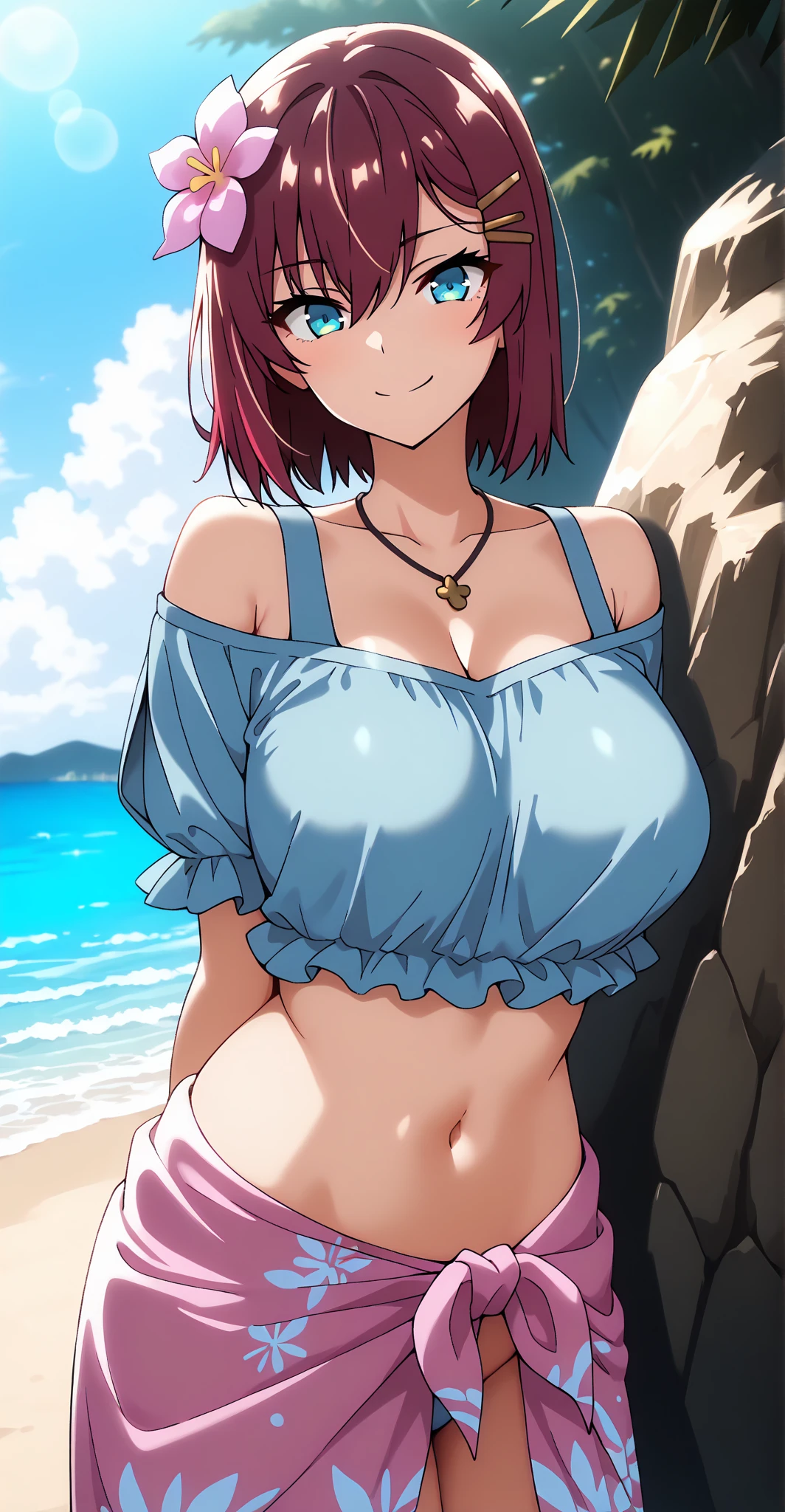 (Masterpiece, Best Quality, High Quality), (chibi), nishikino maki, volumetric lighting, illustration, purple eyes,beautiful,Blushing, breasts, seductive smile,perfect lighting, perfect shadows, red strapless tube top,off shoulder small jacket, navel, sexy jeans pants,watch, (breathtaking scenery:1.1),(her hair flying from the wind:1.3),(detailed hair strands),big breasts