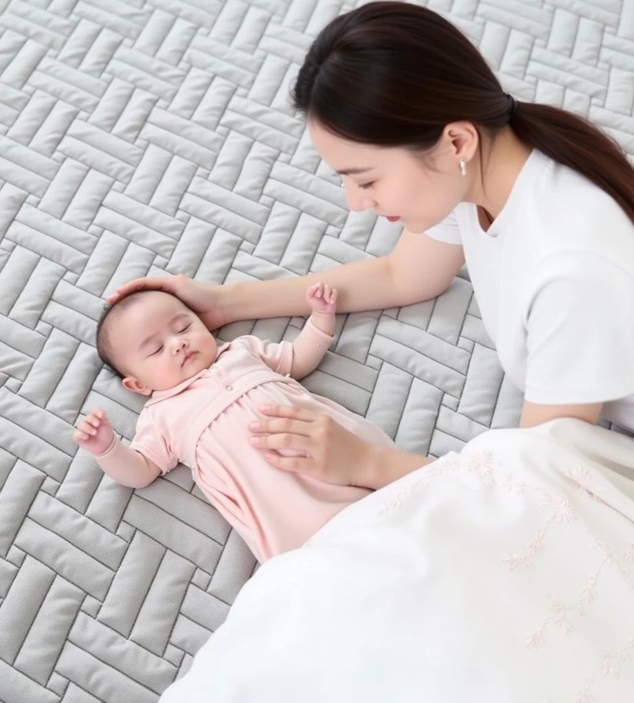 A heartwarming indoor family scene with a mother, father, and baby. The mother, wearing a beige top and blue skirt, stands behind the baby, the mother looking the baby, encouraging them to take their first steps. The father, in a green shirt, the eyes looking the baby, kneels down with open arms, ready to catch the baby. The baby, dressed in a light blue onesie, walks confidently towards the father. The setting is a cozy, sunlit living room with wooden floors, wooden blue tv shelf, a TV, potted plants, and a dark green sofa in the background. Warm sunlight filters through the large windows, the interior walls is painted dark blue.