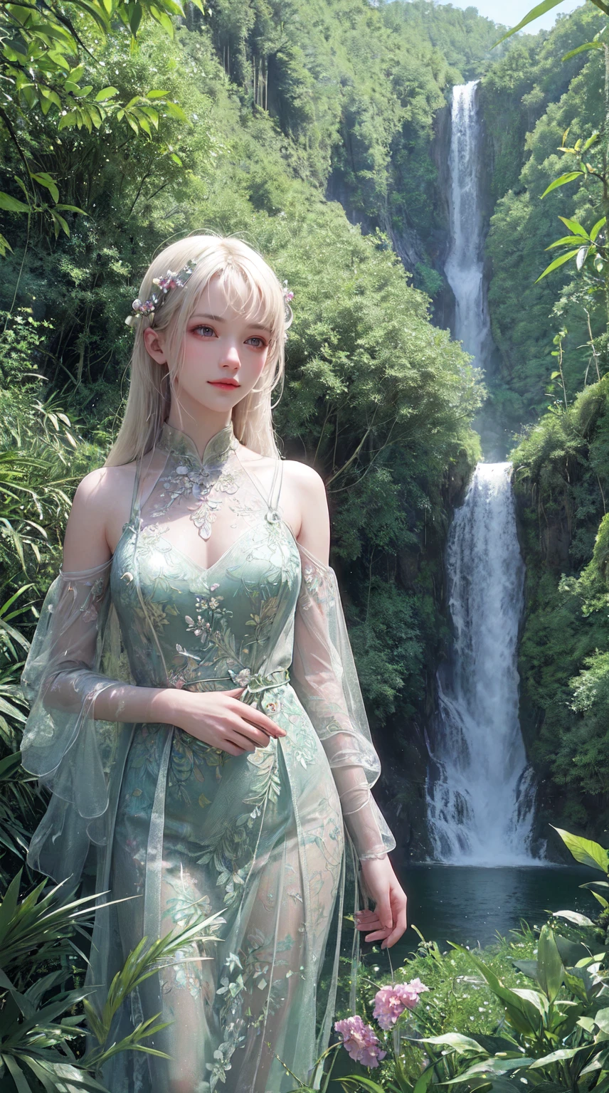 masterpiece, best quality, 8k, high resolution, Super detailed, Waterfalls cascade down high cliffs，Lush greenery all around, Decorated with vibrant flowers, towering pine trees, and delicate bamboo forest,no humans, Cherry blossoms, beautiful scenery, Super detailed, fine detail, Very detailed, complex, Very detailed, Super detailed, landscape,no humans, Lush green mountains, meandering river, hazy atmosphere, solitary, complex details, Beautiful features, verdant的树木, blooming flowers, druid circle, soft moss, Deep in the forest, complex leaves and vines, wisps of light, still a pool of water, original, verdant, Waterfalls cascade down high cliffs，Set amidst lush greenery，landscape如画, Decorated with vibrant flowers, towering pine trees, and delicate bamboo forest.
